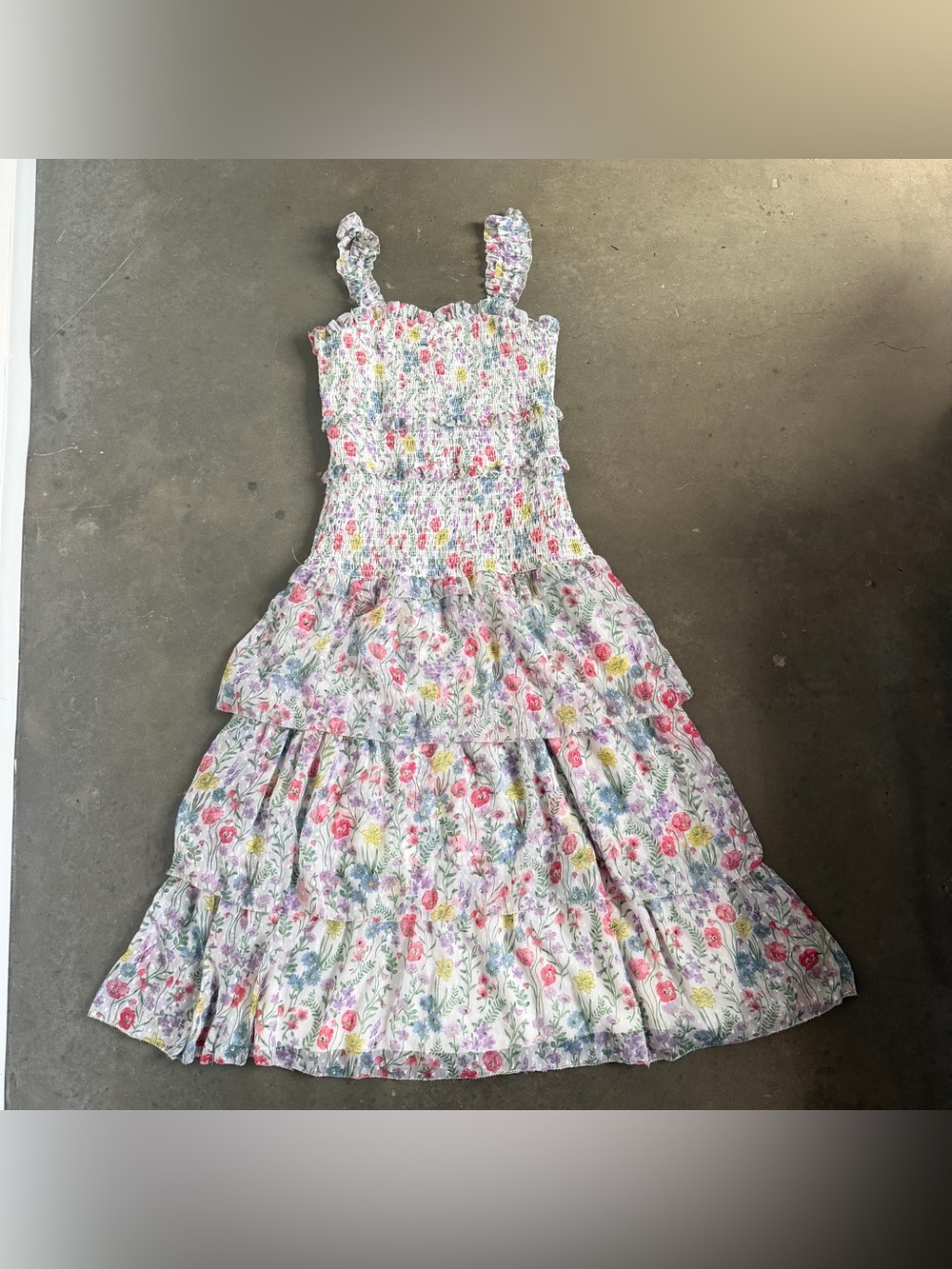 SAYLOR Floral Smocked Tiered Dress White Pink & Yellow Floral Ruffle Small - Picture 2 of 14